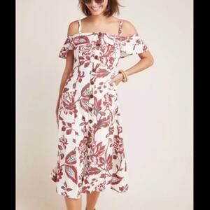 Anthropologie Oahu Floral Cold Off Shoulder Linen Dress